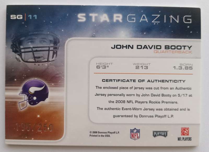 JOHN D. BOOTY (Minnesota) - PANINI NFL 2008 COLLECTION - RARE "EVENT WORN" TRADING CARD 195 of 250