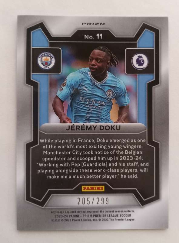 JEREMY DOKU (Man. City)  - PANINI PREMIER LEAGUE PRIZM 2023/24 - CHROME BLUE ICE CARD 205 of 299