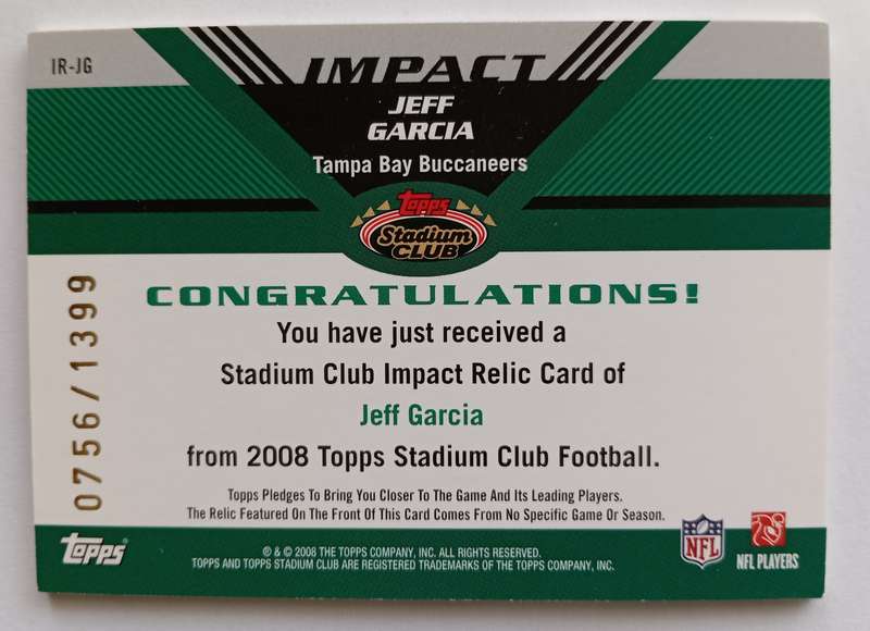JEDD GARCIA - TOPPS NFL STADIUM 2008 COLLECTION - "GAME USED JERSEY" TRADING CARD 756 of 1399