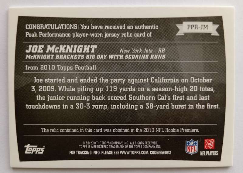 JOE McNIGHT - TOPPS NFL 2010 COLLECTION - "GAME USED JERSEY" TRADING CARD
