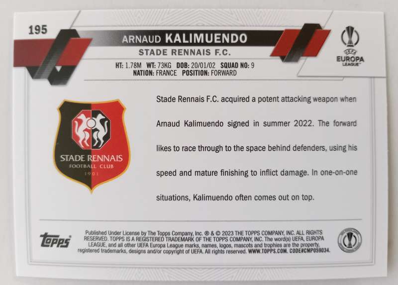 ARNAUD KALIMUENDO (ST Renais) - TOPPS Champ League 2023 - ROOKIE PINK SPARKLE TRADING CARD 195