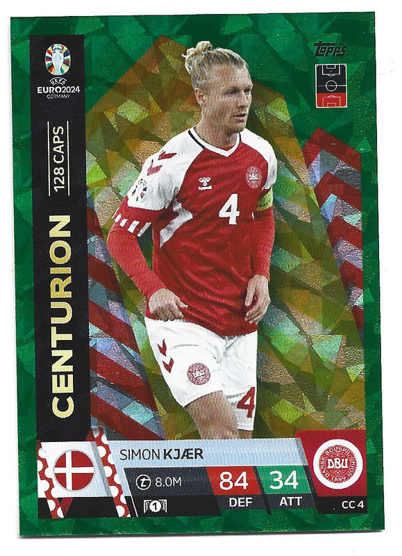 SIMON KJAER - Topps `UEFA EURO 2024` Collection -  EMERALD PARALLEL`CENTURION` Trading Card CC4