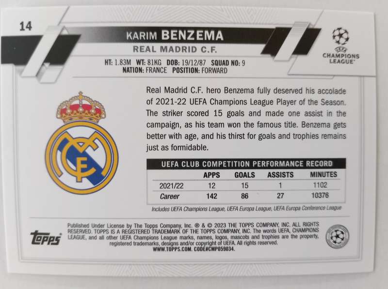 KARIM BENZEMA (Real Madrid) - TOPPS Champ League 2023 - PINK SPARKLE TRADING CARD 14