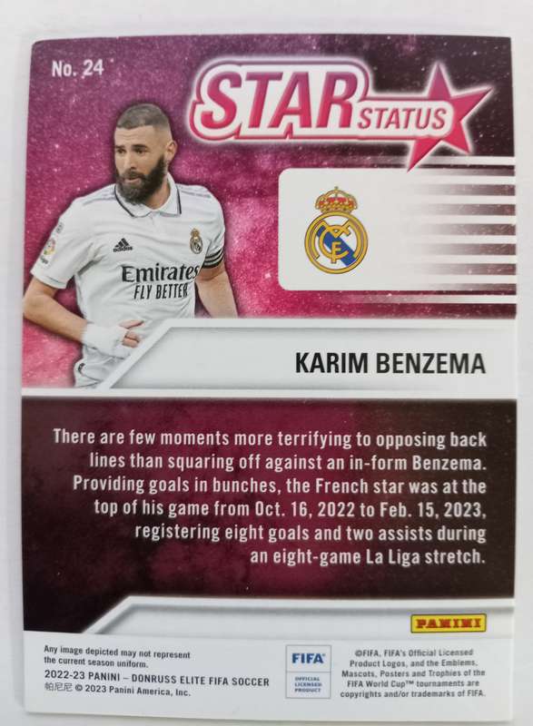 KARIN BENZEMA (Real Madrid) - PANINI DONRUSS ELITE FIFA SOCCER 2023 - PINK STAR STATUS TRADING CARD