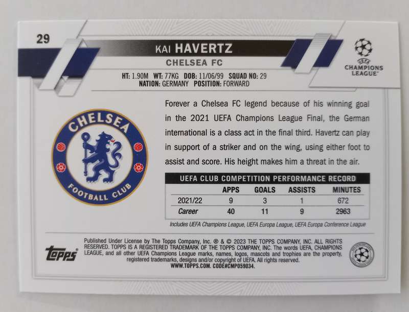 KAI HAVERTZ (Chelsea) - TOPPS Champ League 2023 -  PINK SPARKLE TRADING CARD 29