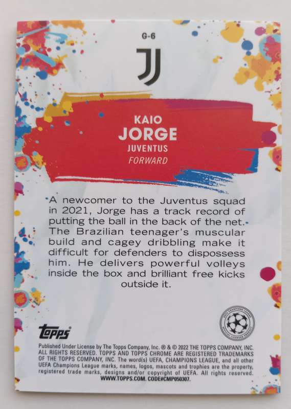 KAIO JORGE (Juventus) - TOPPS CHROME Champ/League 2022 - CHROME GOLAZO ROOKIE TRADING CARD G6