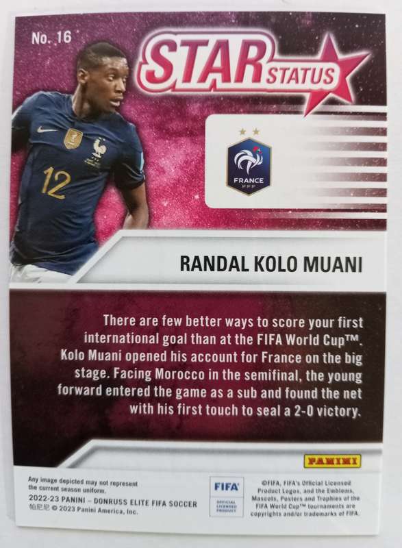 RANDAL K MUANI (France) - PANINI DONRUSS ELITE FIFA SOCCER 2023 - PINK STAR STATUS TRADING CARD 16