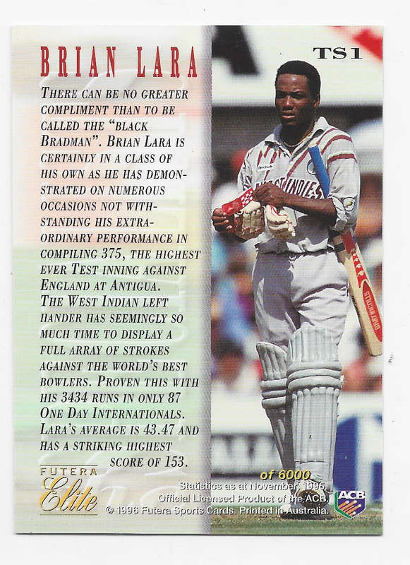 BRIAN LARA - 1996 FUTERA CRICKET PREMIUM ELITE COLLECTION - RARE `SPECIALISTS` TS1 FOIL CARD Un.