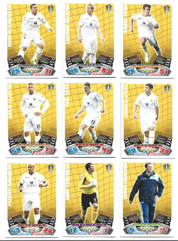 LEEDS UNITED FC  - TOPPS MATCH ATTAX ENGLISH CHAMPIONSHIP 2011/12 - TEAM TRADING CARD LOT of 9