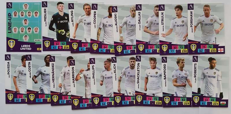 LEEDS UNITED - ENGLISH PREMIER LEAGUE 2020/2021 - TEAM SET of 28 `FOIL and BASE` TRADING CARDS
