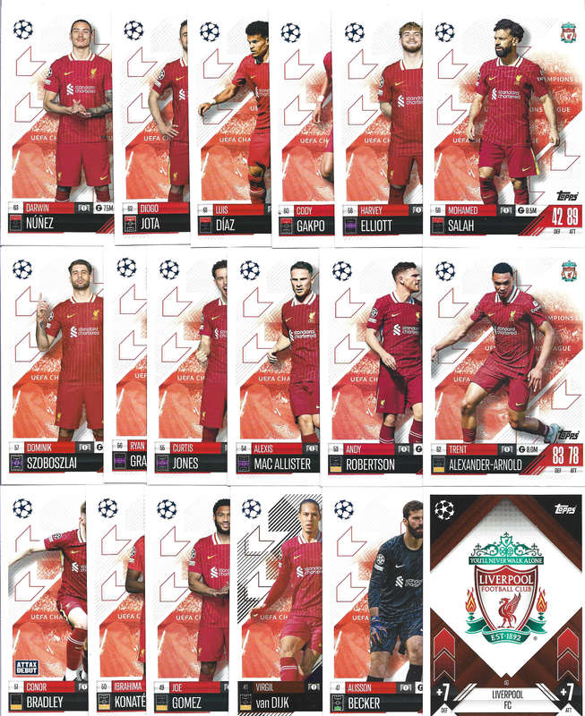 LIVERPOOL FC - TOPPS UEFA CHAMPIONS LEAGUE 2024/25 Collection -COMPLETE TEAM SET of 18 TRADING CARDS