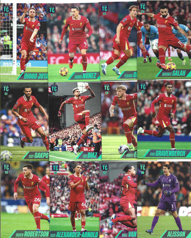 LIVERPOOL FC - PANINI `TOP CLASS` 2025 COLLECTION - TEAM LOT of 12 BASE TRADING CARDS