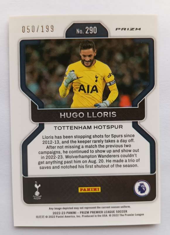 HUGO LLORIS (Spurs)  - PANINI PREMIER LEAGUE PRIZM 2022/23 - PINK PRIZM TRADING CARD 50 of 199