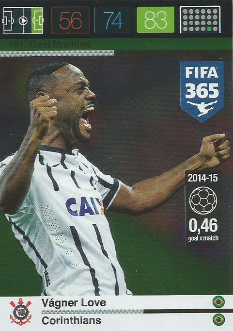 VAGNER LOVE - PANINI "FIFA 365" 2016 COLLECTION - FOIL "GOAL MACHINE" TRADING CARD 181