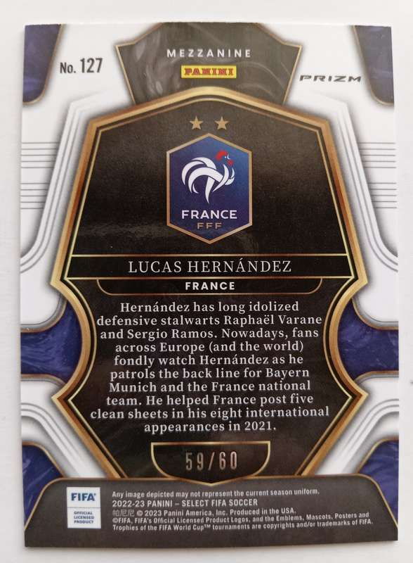 LUCAS HERNANDEZ (France) - PANINI SELECT PRIZM MEZZANINE 2023 - ORANGE PRIZM CARD 59 of 60