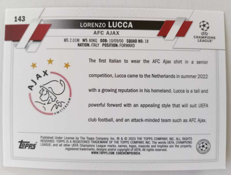 LORENZO LUCCA (Ajax) - TOPPS Champ League 2023 - ROOKIE PINK SPARKLE TRADING CARD 143