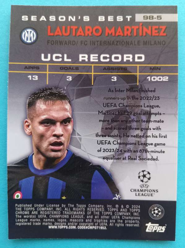LAUTARO MARTINEZ (Inter) - TOPPS Chrome Champ/League 2024 - CHROME SHOOTING STARS CARD 98-5