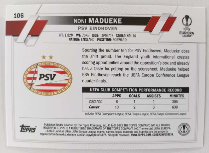 NONI MADUEKE (PSV) - TOPPS Champ League 2023 - PINK SPARKLE TRADING CARD 106
