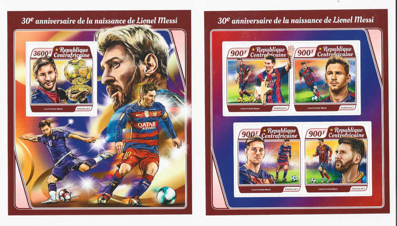 LIONEL MESSI - 30th ANNIVERSARY CELEBRATION 2017 - CENTRAL AFRICA REPUBLIC - SET of 2 MIN./SHEETS