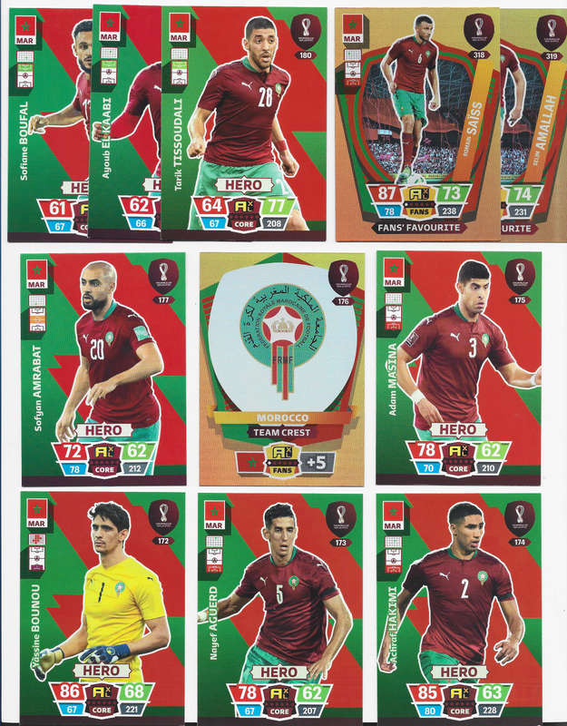 MOROCCO - PANINI `FIFA WORLD CUP 2022` QATAR - COMPLETE 12 CARD TEAM TRADING CARD SET