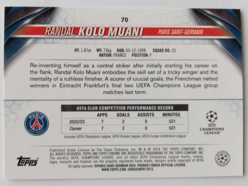 RANDAL KOLO MUANI (PSG) - TOPPS CHROME C/League 2024 - CHROME TRADING CARD 70