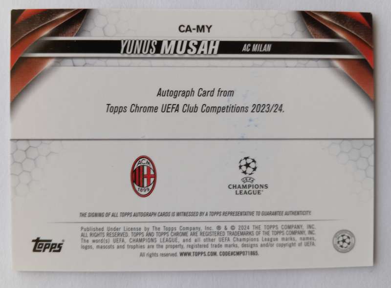 YUNUS MUSAH (AC Milan) - TOPPS CHROME C/LEAGUE 2024 - CERTIFIED AUTOGRAPH TRADING CARD 247 of 299