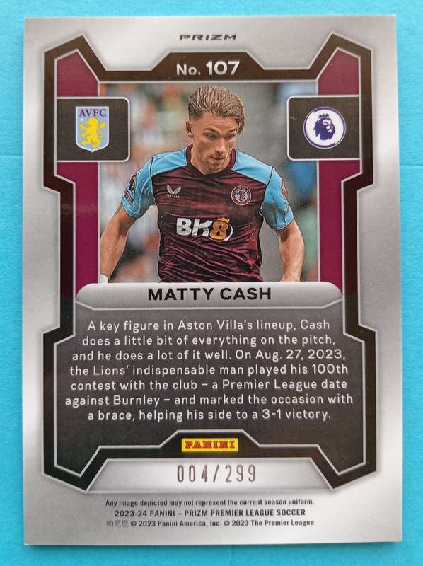 MATTY CASH (A. Villa) - PANINI PRIZM PREMIER LEAGUE 2023 - BLU PRIZM TRADING CARD 4 of 299