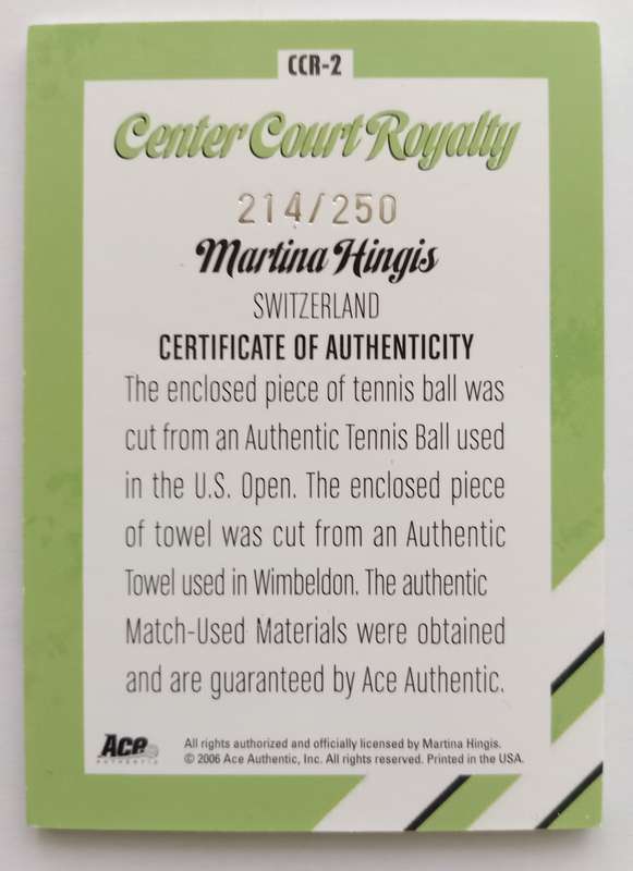 MARTINA HINGIS - ACE AUTHENTIC 06 `CENTER COURT ROYALTY` - RARE `MEMORABILIA` CARD CCR2 214 of 250