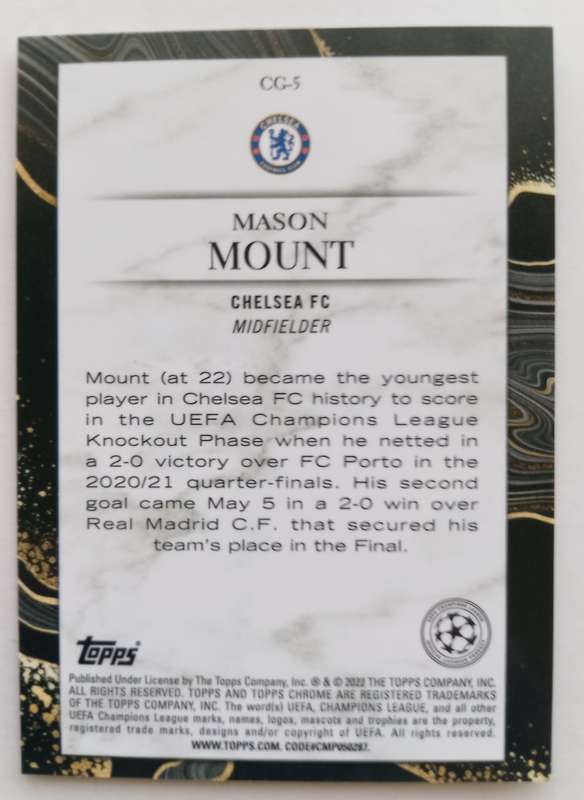 MASON MOUNT (Chelsea) - TOPPS CHROME Champ/League 2022 - CHROME CHASING GLORY  TRADING CARD CG5