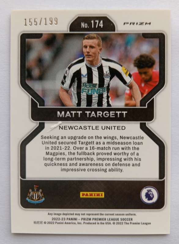 MATT TARGETT (Newcastle)  - PANINI PREMIER LEAGUE PRIZM 2022/23 - PINK PRIZM TRADING CARD 155 of 199
