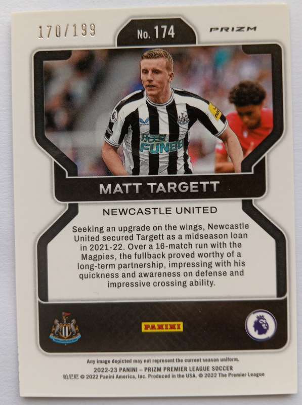 MATT TARGETT (Newcastle)  - PANINI PREMIER LEAGUE PRIZM 2022/23 - PINK PRIZM TRADING CARD 170 of 199
