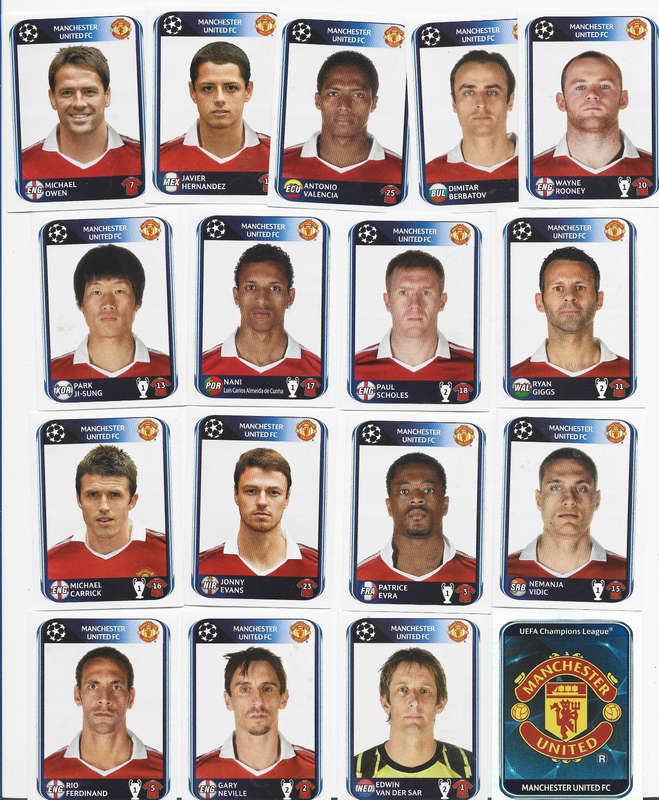 MANCHESTER UNITED FC - PANINI CHAMPIONS LEAGUE 2010/11 STICKER COLLECTION - LOT of 17 STICKERS