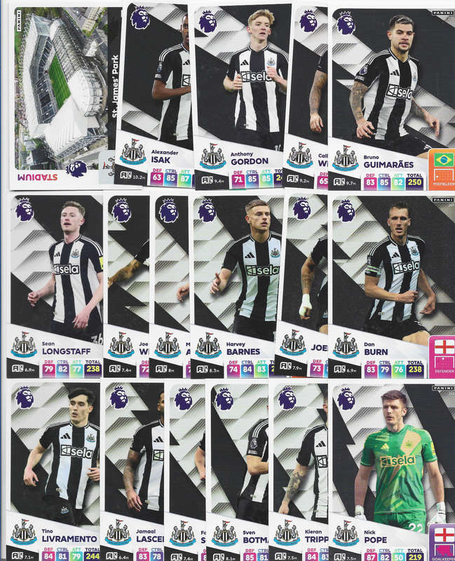 NEWCASTLE UNITED  - PANINI English Premier League 2024/25 - COMPLETE TEAM SET of 22 CARDS