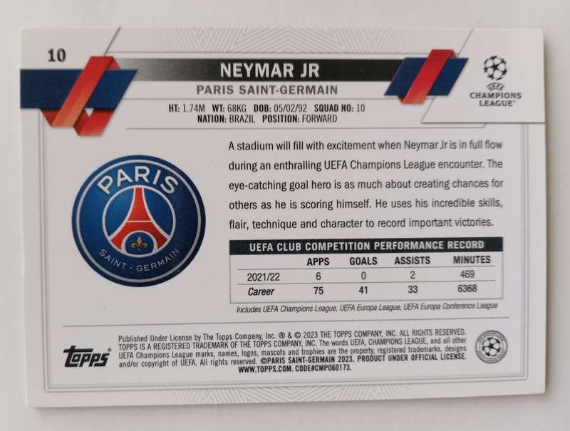 NEYMAR Jr - TOPPS CHROME CHAMPIONS LEAGUE 2023 - CHROME TRADING CARD 10