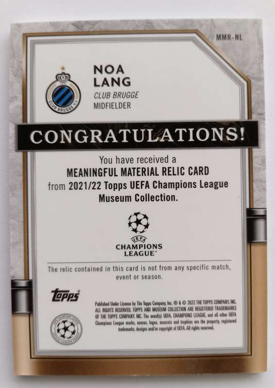 NOA LANG (Brugge)  - TOPPS CHAMPIONS LEAGUE MUSEUM COLLECTION 2022 - CERTIFIED MEMO CARD 81 of 99
