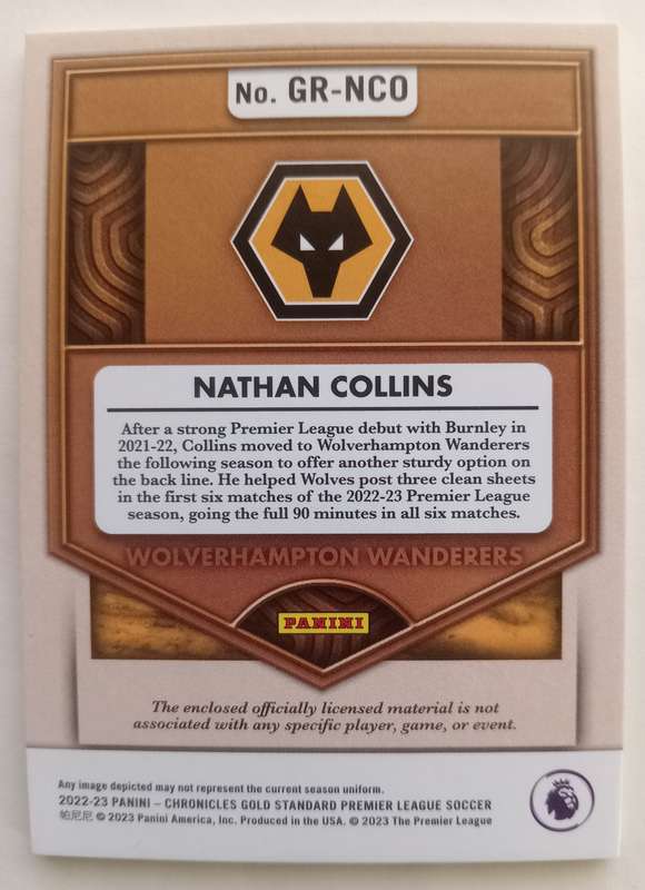 NATHAN COLLINS (Wolves) - PANINI CHRONICLES EPL GOLD 2023 - "GOLD RUSH MEMORABILIA" CARD 37 of 49
