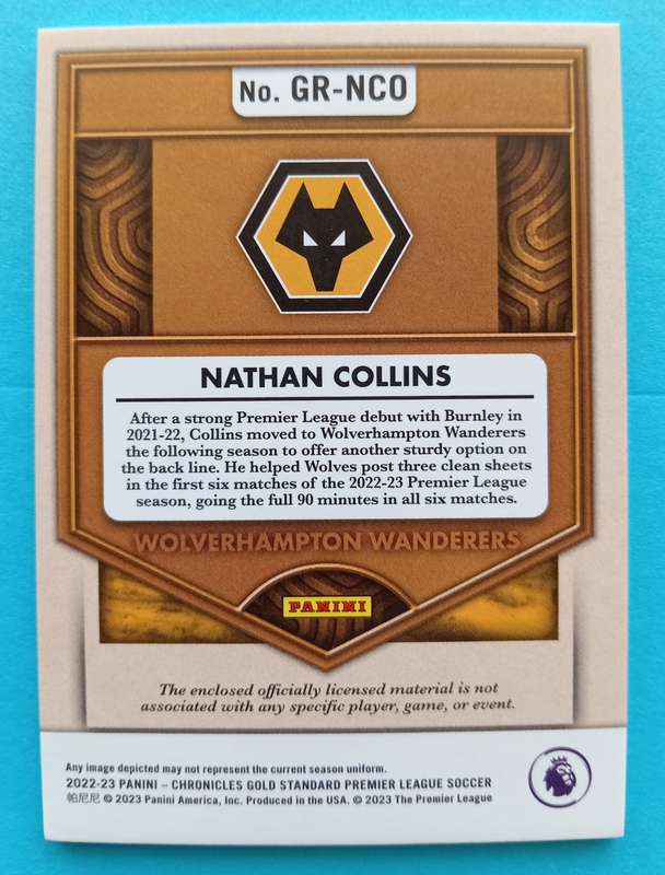 NATHAN COLLINS (Wolves) - PANINI GOLD RUSH EPL 2023 - "GOLD RUSH MEMORABILIA" CARD 198 of 199