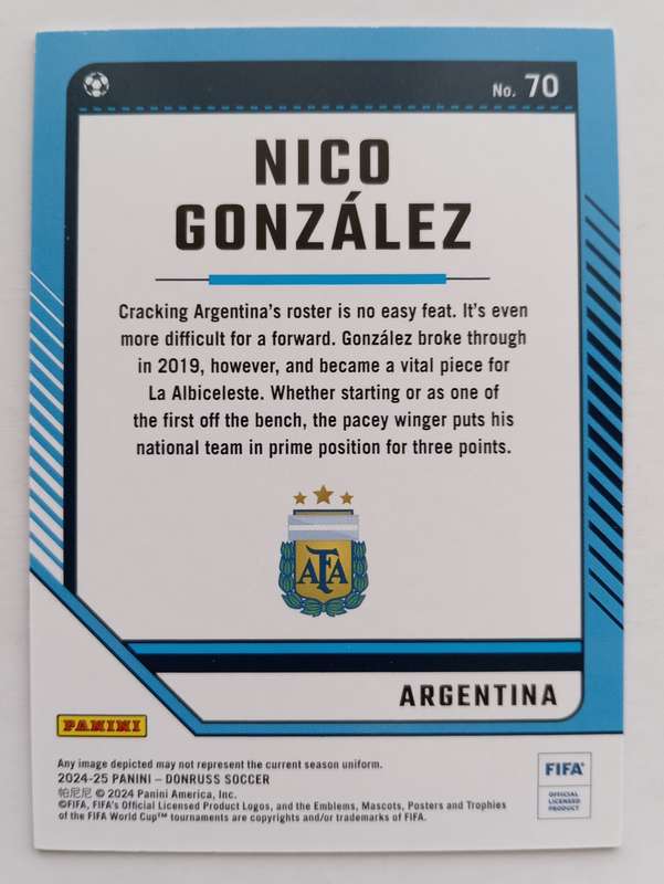 NICO GONZALEZ (Argentina) - PANINI DONRUSS SOCCER 2024 - RED MOJO TRADINF CARD  61 of 99