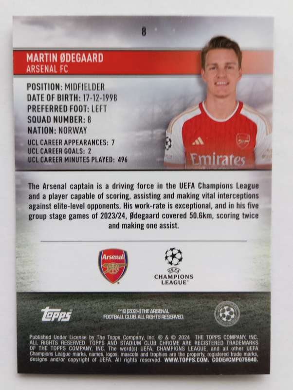 MARTIN ODEGAARD (Arsenal) - TOPPS STADIUM CHROME EPL 2024 - CHROME TRADING CARD 8