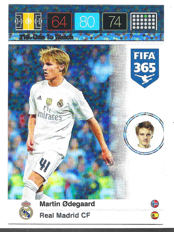 MARTIN ODEGAARD - PANINI "FIFA 365" 2016 COLLECTION - ROOKIE FOIL "ONE to WATCH" TRADING CARD 219