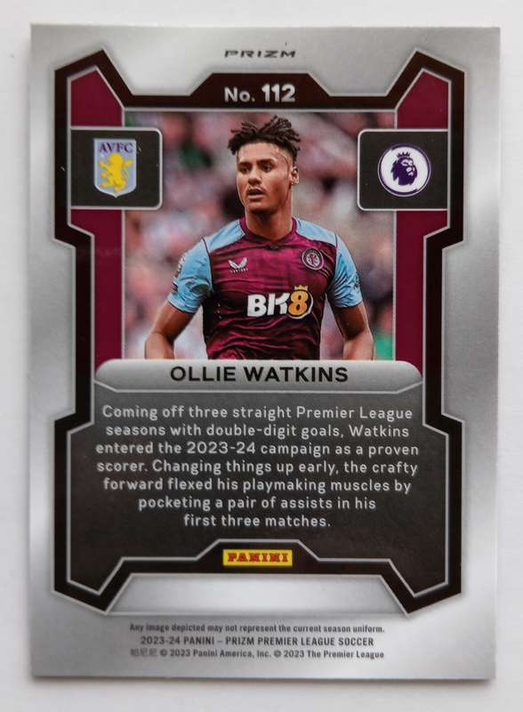 OLIE WATKINS (Aston Villa) - PANINI PRIZM EPL 2023/24 - PURPLE MOJO PRIZM TRADING CARD 112