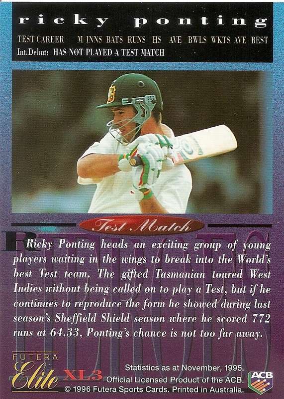 RICKY PONTING - 1996 FUTERA CRICKET `ELITE` PREMIUM - `RARE` `BOX CARD` CARD XL 3