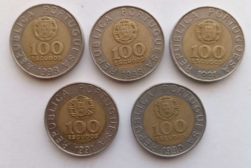 PORTUGAL - LOT of 5 100 Escudos Coins - Various years - Fine Condition