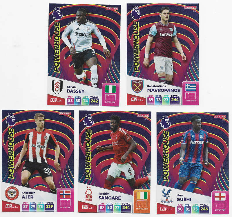 PANINI English Premier League 2024/25 - COMPLETE SET of 5 FOIL "POWERHOUSE" TRADING CARDS