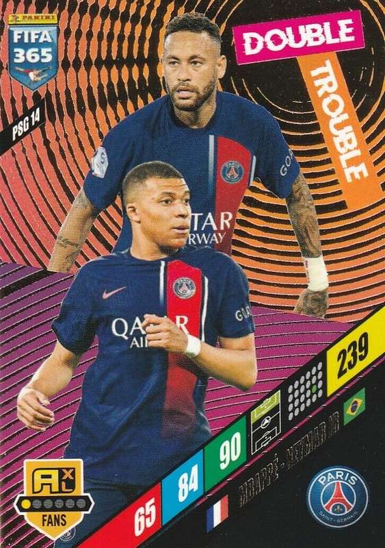 KYLIAN MBAPPE / NEYMAR  Jr - PANINI `FIFA 365 COLLECTION` 2024 - `DOUBLE TROUBLE` FOIL TRADING CARD