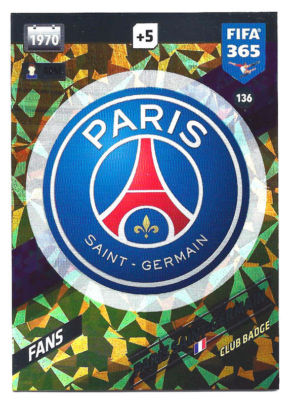 PARIS S. GERMAIN - PANINI `FIFA 365 2018` COLLECTION - FOIL `CLUB BADGE` TRADING CARD 136