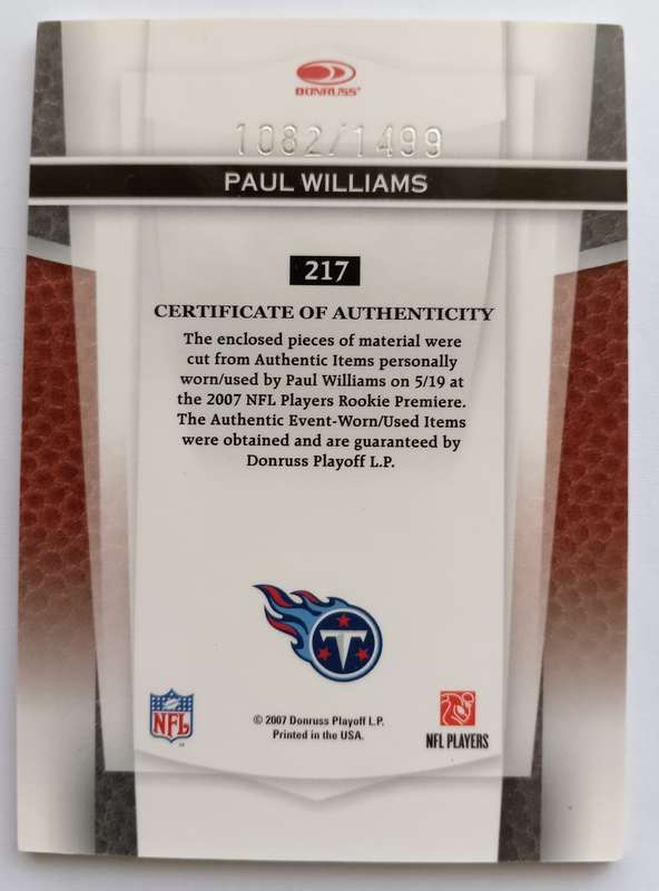 PAUL WILLIAMS - DONRUSS NFL 2007 COLLECTION - ROOKIE "GAME USED JERSEY" TRADING CARD 1082 of 1499