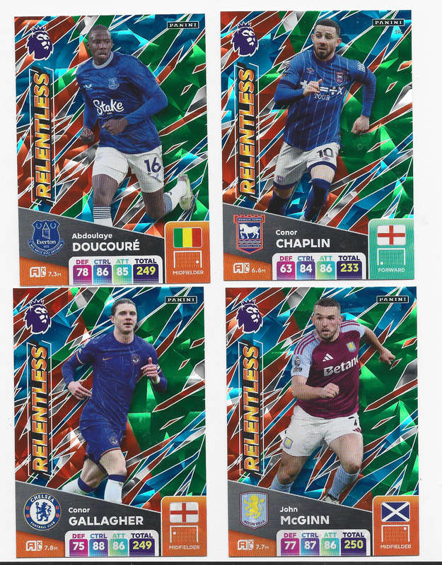PANINI English Premier League 2024/25 - COMPLETE SET of 4 FOIL "RELENTLESS" TRADING CARDS