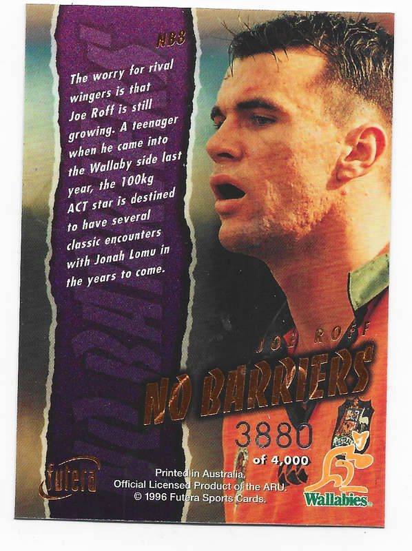 JOE ROFF - `WALLABIES 96 FUTERA` -  `NO BARRIERS` `HOBBY` GOLD TRADING CARD NB8 3880 of 4000
