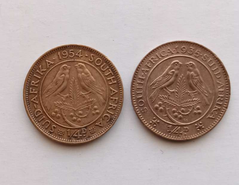 UNION of SOUTH AFRICA - Lot of 2 Quarter Penny Coins, 1935 and 1954 - Coins in EF Condition
